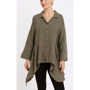 Cannisse Women’s Linen Tunic Button Down Shirt Asymmetric Stonewashed Olive M